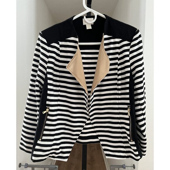 EUC Chicos Black & White Striped Open Front Blazer With Gold Zipper Accents - Picture 1 of 7
